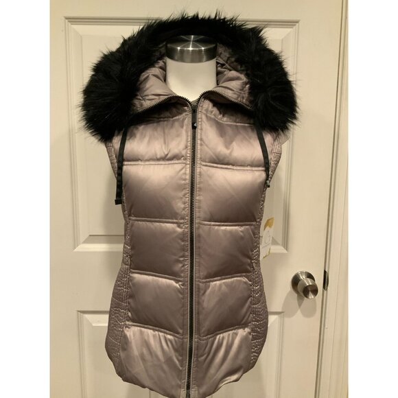BCBG Max Azria Camel Puffer Vest W/ Detachable Faux Fur Trimmed Hood, Size S - Picture 1 of 9